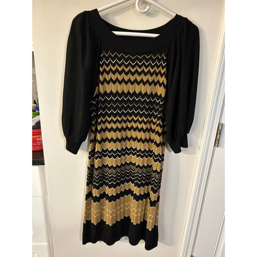 New Directions Womens Gold Black Chevron Knit Sweater Dress Puff Sleeve Large